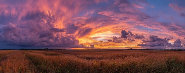A vibrant sunset illuminates a vast field, with dramatic clouds creating a stunning panorama of color and light.