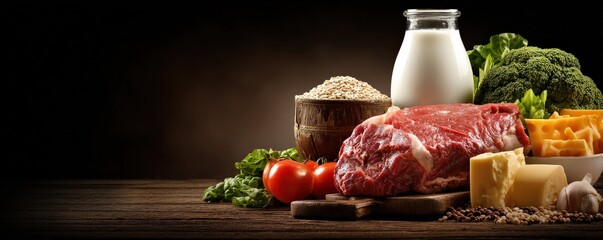 A visually appealing arrangement of fresh ingredients including meat, vegetables, dairy, and grains set against a dark background.