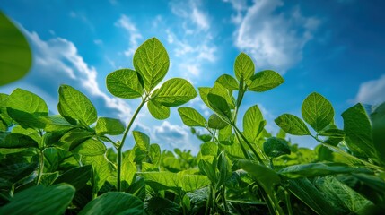 Lush green plants stretch upward against a bright blue sky, showcasing vibrant leaves and a serene natural atmosphere.