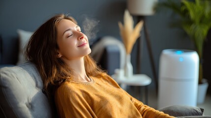 A relaxed woman enjoys fresh air in her living room, with a humidifier nearby, creating a calm atmosphere for mindfulness and comfort.