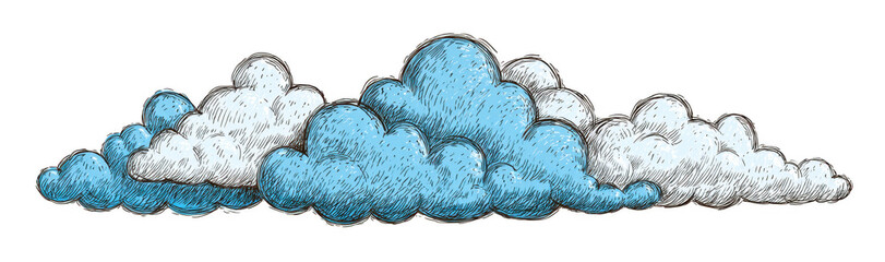 Hand drawn cartoon vector illustration of cloud with mix of blue and white colors, showcasing whimsical and playful design that evokes sense of joy and creativity