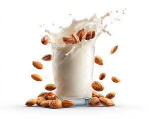 Glass of milk splashes dramatically, surrounded by scattered almonds, creating dynamic and refreshing scene. creamy texture and vibrant almonds evoke sense of indulgence and health
