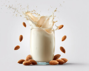 Creamy milk splashes from glass surrounded by almonds, creating dynamic and refreshing scene. vibrant contrast highlights natural ingredients, evoking sense of indulgence and health