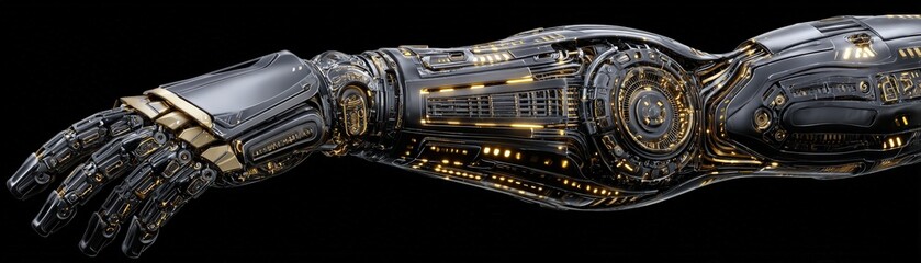 A futuristic robotic arm featuring intricate circuitry and a sleek design, representing advanced technology and innovation in robotics.