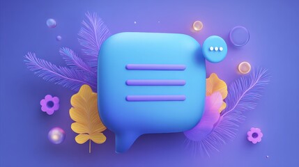 A vibrant digital message bubble surrounded by colorful leaves, flowers, and bubbles on a purple background, symbolizing communication and creativity.