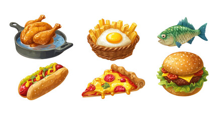 Delicious food icons featuring fried chicken, French fries, fried egg, fish, hot dog, pizza, and hamburger create vibrant and appetizing display