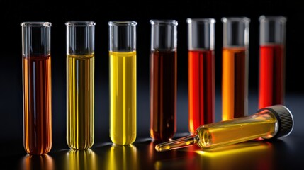 A series of test tubes filled with colorful liquids, showcasing various shades and densities against a dark background.