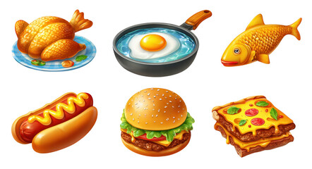 Delicious food icons featuring roasted chicken, fried egg, fish, hot dog, hamburger, and pizza. Each item is vibrant and appealing, perfect for food related designs