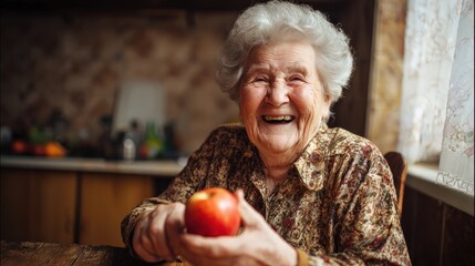 A joyful elderly woman smiles while holding an apple, embodying warmth and happiness in a cozy kitchen setting.