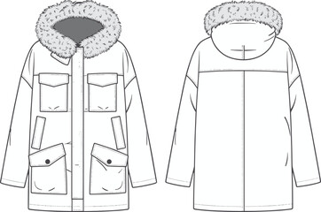 Fur hood winter parka fashion flat, technical CAD drawing, front and back view, vector illustration, apparel design template for clothing industry © SreePobitra