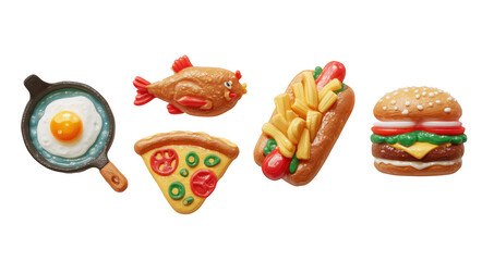 Delicious food icons including fried egg, fish, hot dog, pizza slice, and hamburger create fun and appetizing display. Perfect for food lovers and culinary enthusiasts