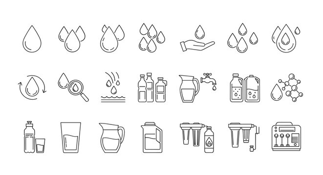 ​Water purification and clean drinking liquid line icon set isolated on white background