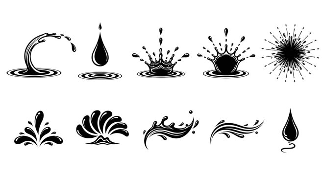 Water splash and liquid drop vector icon set with black silhouette isolated on white background
