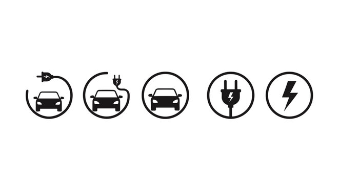 ​Electric car vehicle charging station icon set with plug and lightning bolt silhouette isolated on white background