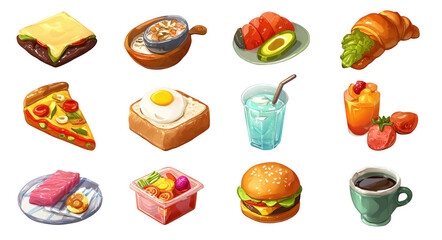 Delicious food icons including sushi, pizza, burger, and desserts create vibrant and appetizing illustration. Perfect for menus or culinary designs