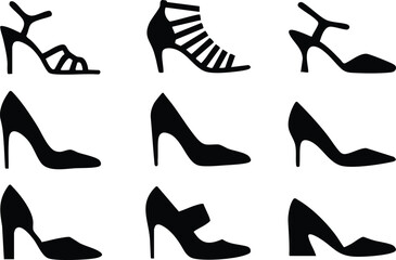 Obraz premium Set of Women's High-Heeled Shoe Silhouettes, Collection of Fashionable Footwear Icons, Minimalist High Heel Vector Symbols, Black and White Women's Shoe Silhouette Set.