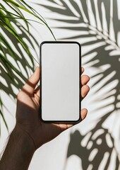 Hand Holding Smartphone with Shadow Pattern from Tropical Plant