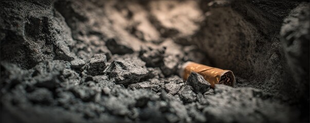 A close-up image of a cigarette butt embedded in gritty, textured ash and debris, highlighting litter and environmental impact.