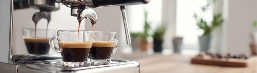 A sleek espresso machine brews rich coffee into two glass cups, surrounded by greenery and a wooden surface.