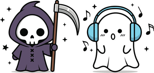 Cute Grim Reaper and Ghost Music Mascot Vector SetCute Grim Reaper and Ghost Music Mascot Vector Set