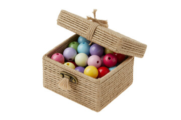 Woven basket filled with colorful beads isolated on transparent background