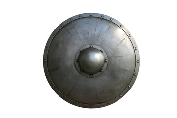 Ancient viking round shield with metal boss isolated on transparent background