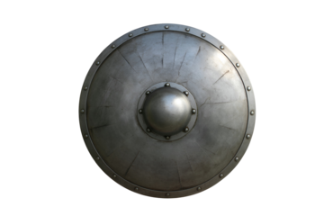 Ancient viking round shield with metal boss isolated on transparent background