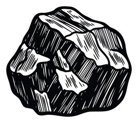 Monochromatic woodcut style stone fragment depicting geological ruggedness, suitable for presentations on materials, excavation, or environmental research.