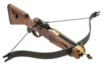 Wooden hunting crossbow with black string isolated on transparent background