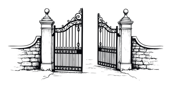 Elegant open ornate wrought iron gate with classic stone pillars and a low wall inviting visitors into a distinguished property, perfect for architectural, home, or landscape related themes
