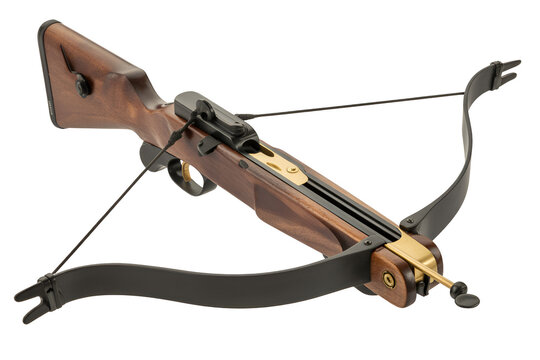 Wooden hunting crossbow with black string isolated on transparent background