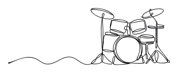 Dynamic single line drawing of a complete drum set ideal for music store promotions recording studio advertisements event posters and musical instrument learning materials