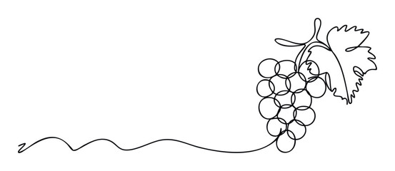 Simple one line drawing of a grape bunch and a vine leaf perfect for winery branding, wine bottle labels, restaurant menus, or any harvest festival promotion