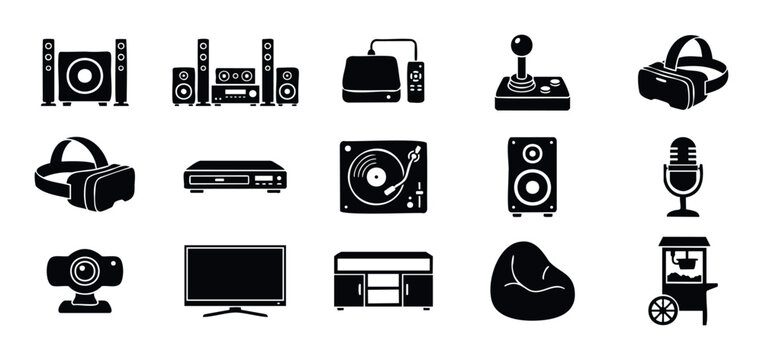A comprehensive collection of entertainment and home cinema device icons for modern living room setups gaming accessories and movie night experiences - Powered by Adobe