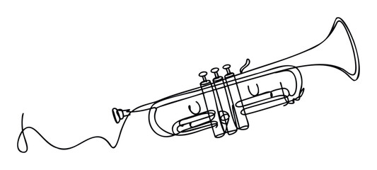 Elegant single continuous line drawing of a trumpet perfect for music event promotions, modern graphic prints, and jazz club branding materials.