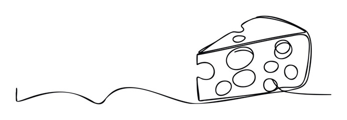 Simple continuous line drawing of a cheese wedge with holes perfect for food blogs, dairy product promotions, restaurant menus, or creative graphic assets
