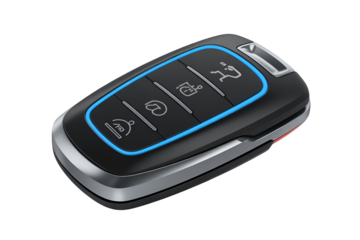 Modern car key fob with blue accent isolated on transparent background