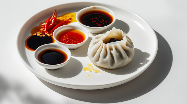 A plate of white dumplings arranged in a circular pattern with multiple dipping sauces on the side; shadows create depth, a soft studio light enhances every fold and translucence of the dough; 4K HD