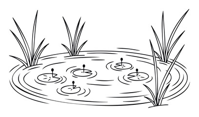 A minimalist line drawing depicting a peaceful pond with several water lily pads and surrounding aquatic reeds, suitable for coloring pages or naturethemed educational content.