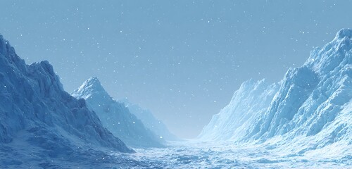 Glacial valley with jagged ice formations and snowflakes drifting across silent background