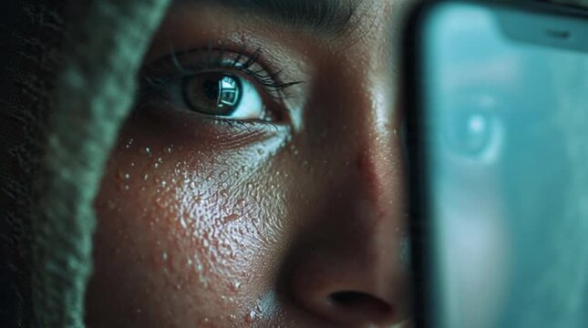 An intimate gaze reflects a smartphone, embodying the profound personal connection and evolving spiritual journey through Ramadan technology and the immersive experience of Digital Ramadan