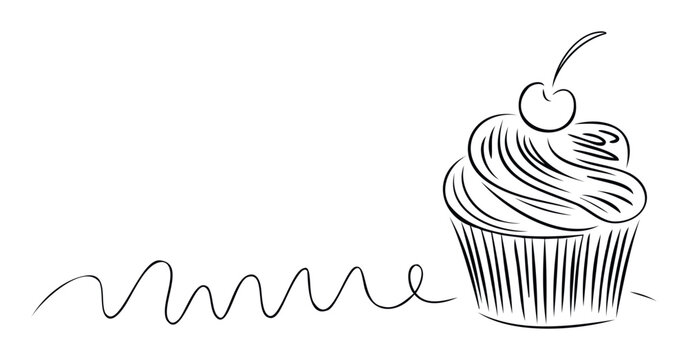 Simple graphic outline drawing of a delicious cupcake with creamy frosting and a cherry on top connected by a sweet wavy line perfect for dessert menus or bakery promotions.