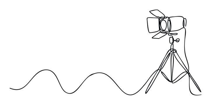 Minimalist one line drawing of a studio spotlight on a tripod with a flowing line, perfect for creative presentations, media industry branding, or graphic design projects.