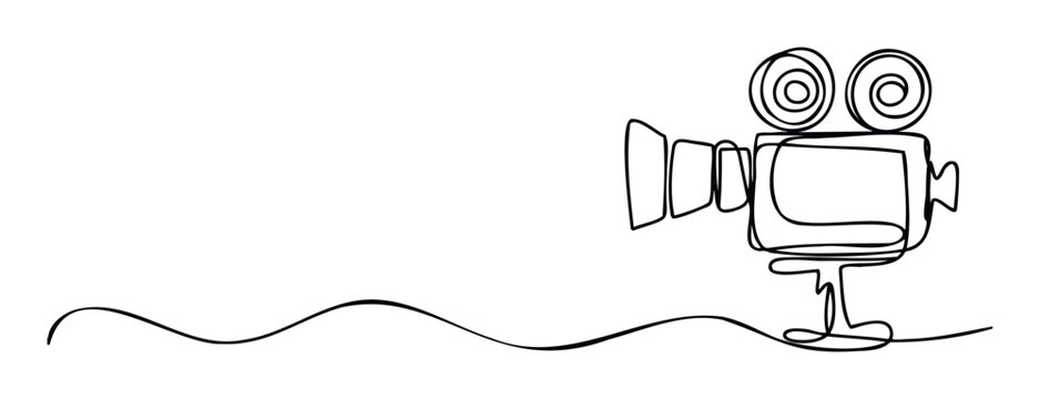 Minimalist continuous line drawing of a classic film camera on a stand, suitable for media production company logos, film school presentations, or movie event invitations