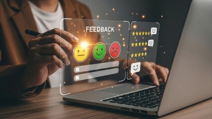 Person giving online feedback using a laptop with satisfaction rating icons displayed