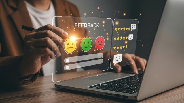 Person giving online feedback using a laptop with satisfaction rating icons displayed