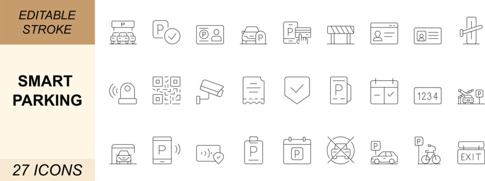Smart parking line icons. With car, vehicle, ticket, barrier, sensor, camera, payment, reserve, and booking. Perfect for apps, web, UI, urban, and transport projects. Editable stroke.