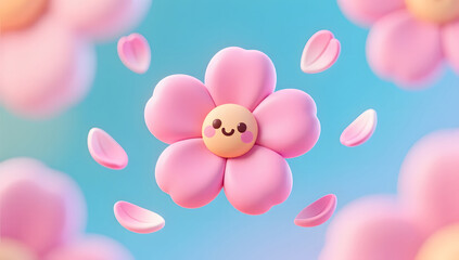 Cute 3D cartoon pink flowers floating in the air