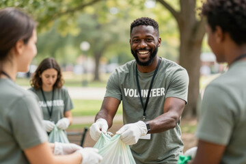 Smiling volunteer handing recycled bag to teammate during outdoor community cleanup promoting sustainability and teamwork in green park setting