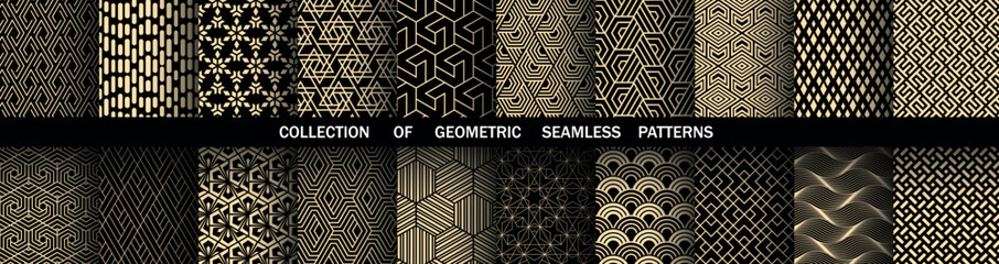 Geometric set of seamless black and golden patterns. Simple vector graphics
